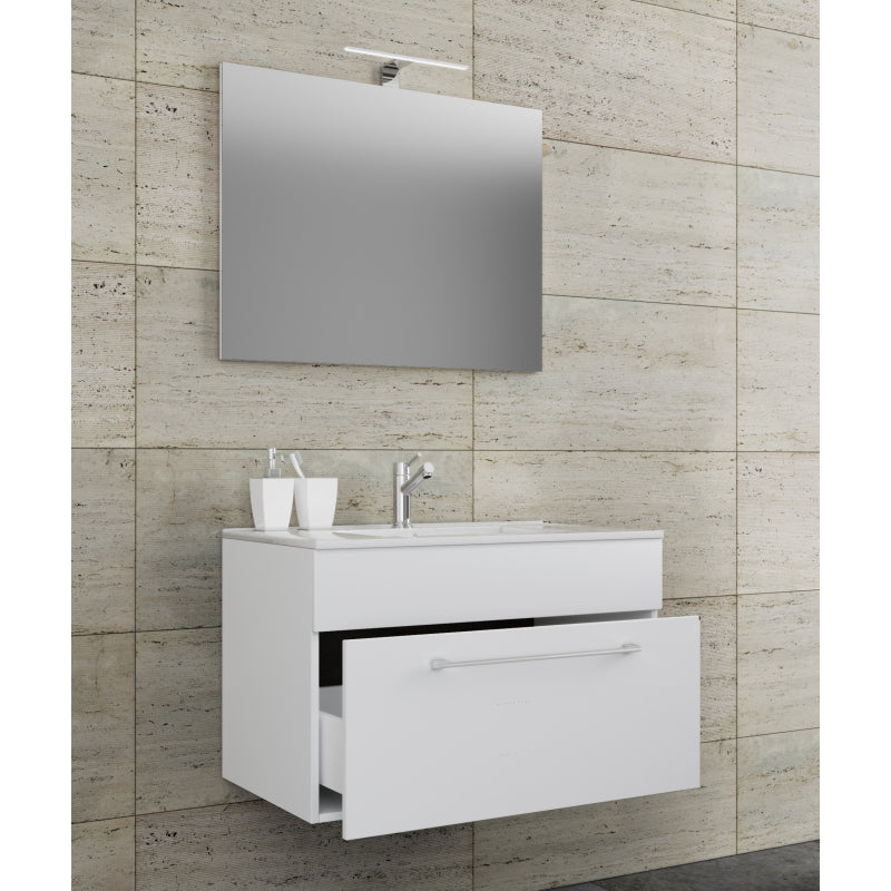Completo di Ezooza Mobile sospeso con 1 cassetto Extra Large con lavabo in ceramica di alta qualità e specchio, Bianco ,