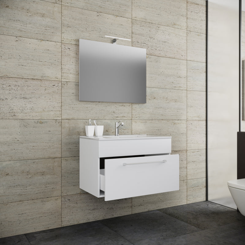 Completo di Ezooza Mobile sospeso con 1 cassetto Extra Large con lavabo in ceramica di alta qualità e specchio, Bianco ,