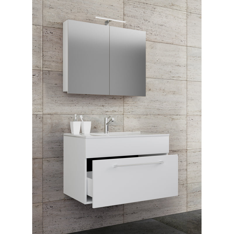 Completo di Ezooza Mobile sospeso con 1 cassetto Large con lavabo in ceramica di alta qualità e mobile specchio, Bianco ,