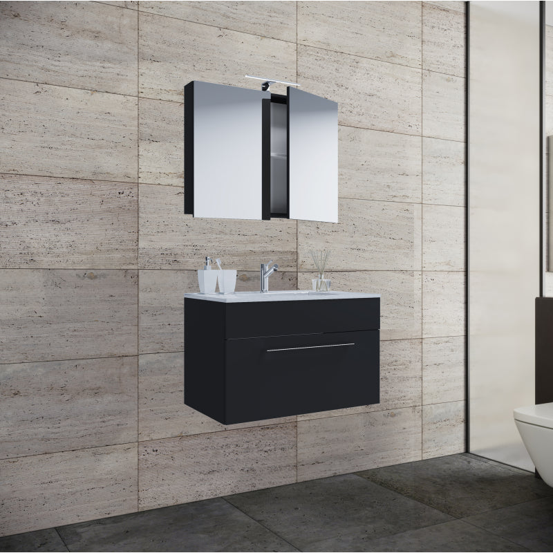 Completo di Ezooza Mobile sospeso con 1 cassetto Large con lavabo in ceramica di alta qualità e mobile specchio, Nero ,