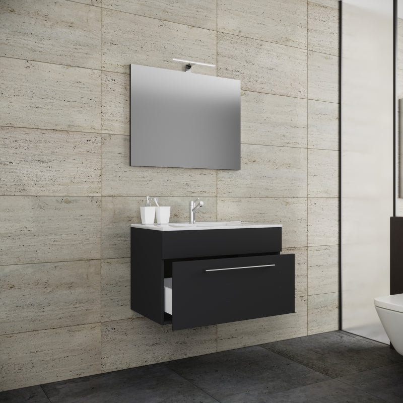 Completo di Ezooza Mobile sospeso con 1 cassetto Large con lavabo in ceramica di alta qualità e specchio, Nero ,