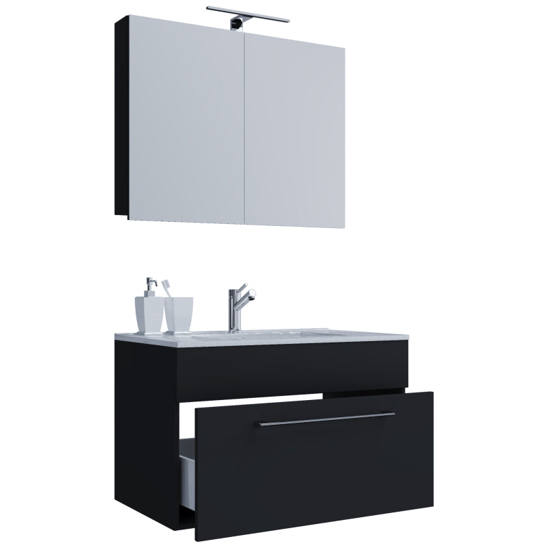 Completo di Ezooza Mobile sospeso con 1 cassetto Large con lavabo in ceramica di alta qualità e mobile specchio, Nero ,