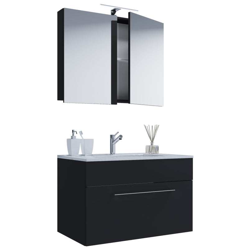 Completo di Ezooza Mobile sospeso con 1 cassetto Large con lavabo in ceramica di alta qualità e mobile specchio, Nero ,