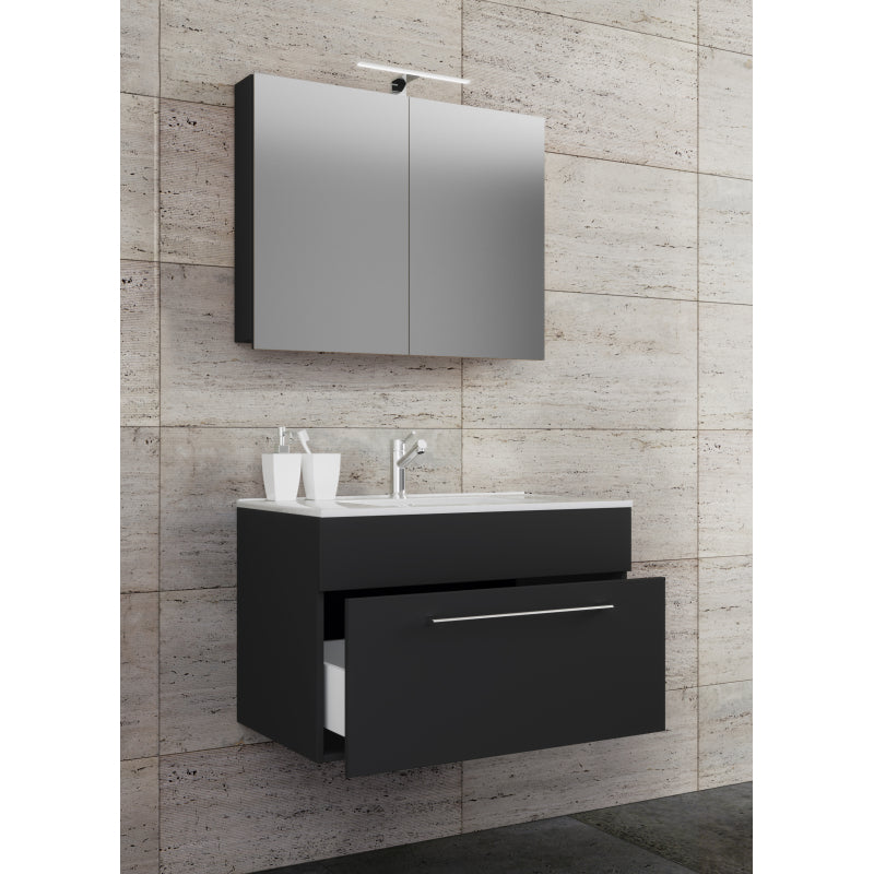 Completo di Ezooza Mobile sospeso con 1 cassetto Large con lavabo in ceramica di alta qualità e mobile specchio, Nero ,