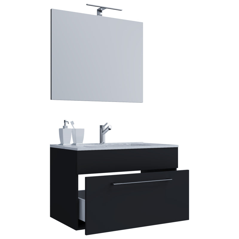Completo di Ezooza Mobile sospeso con 1 cassetto Large con lavabo in ceramica di alta qualità e specchio, Nero ,