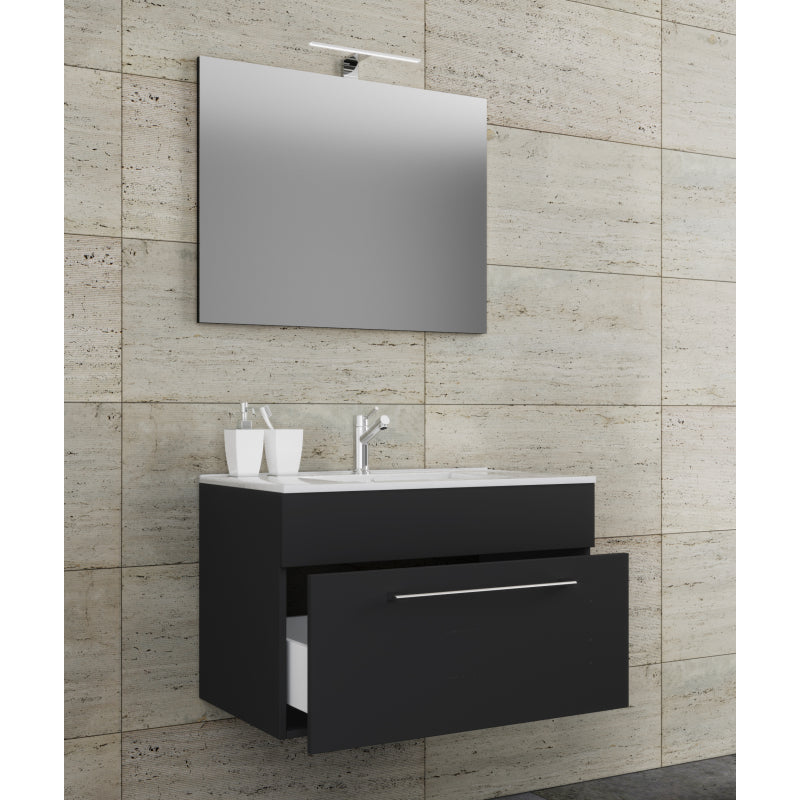Completo di Ezooza Mobile sospeso con 1 cassetto Large con lavabo in ceramica di alta qualità e specchio, Nero ,