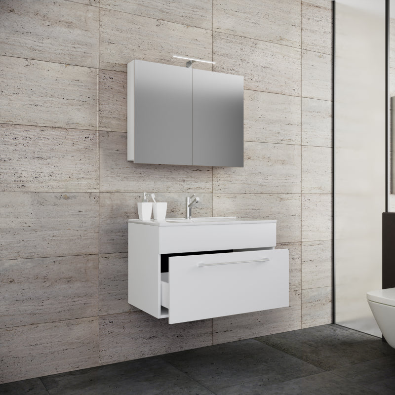 Completo di Ezooza Mobile sospeso con 1 cassetto Large con lavabo in ceramica di alta qualità e mobile specchio, Bianco ,