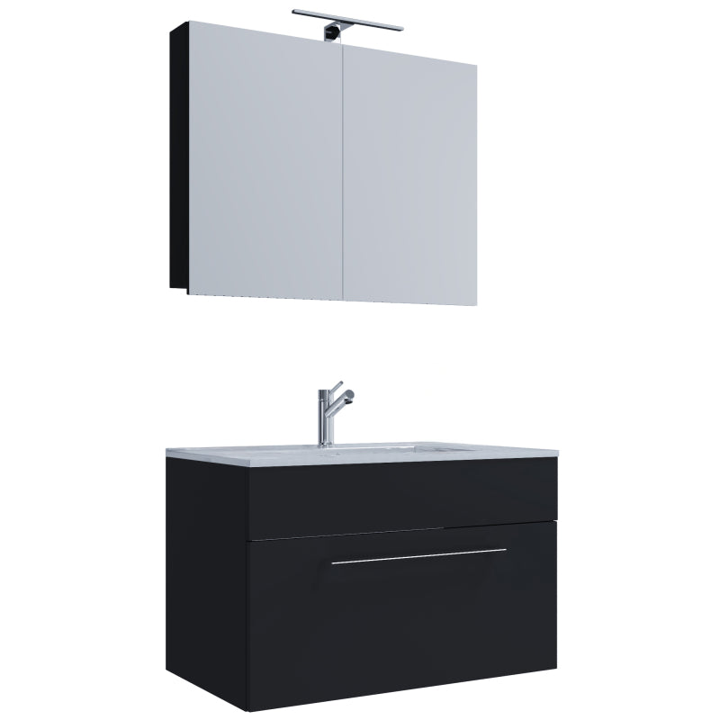 Completo di Ezooza Mobile sospeso con 1 cassetto Large con lavabo in ceramica di alta qualità e mobile specchio, Nero ,