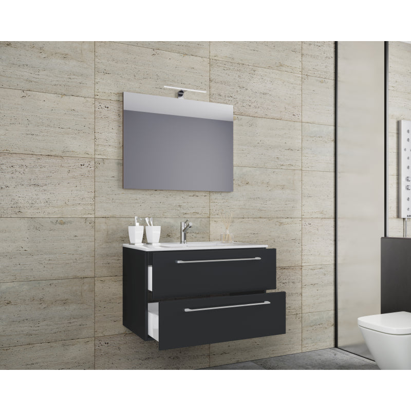 Completo di Ezooza Mobile Sospeso con 2 cassetti Extra Large con lavabo in ceramica di alta qualità e specchio, Nero ,