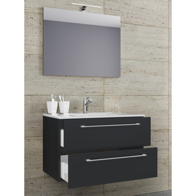 Completo di Ezooza Mobile Sospeso con 2 cassetti Extra Large con lavabo in ceramica di alta qualità e specchio, Nero ,