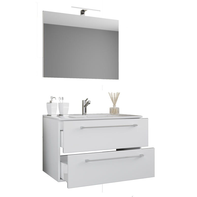 Completo di Ezooza Mobile Sospeso con 2 cassetti Large con lavabo in ceramica di alta qualità e specchio, Bianco ,