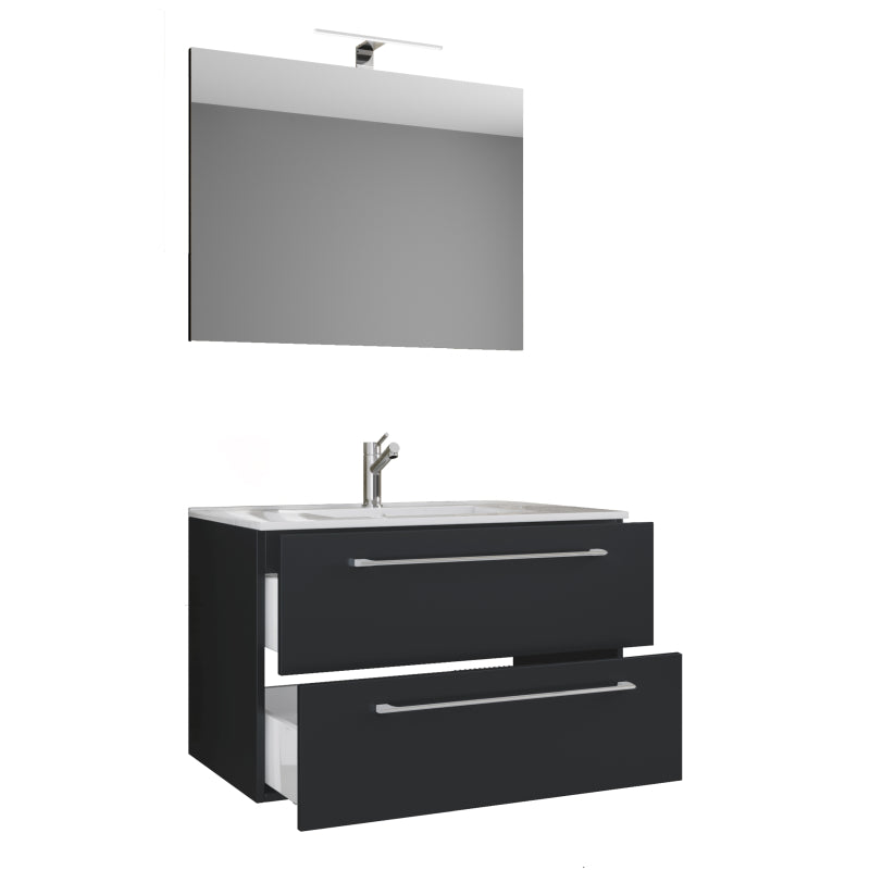 Completo di Ezooza Mobile Sospeso con 2 cassetti Large con lavabo in ceramica di alta qualità e specchio, Nero ,