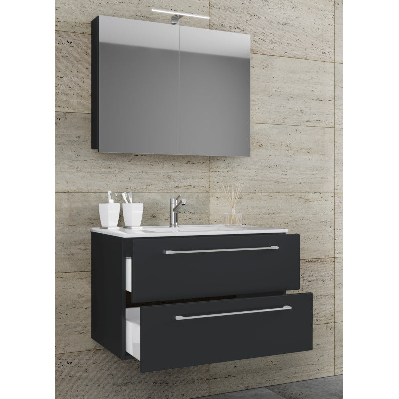 Completo di Ezooza Mobile Sospeso con 2 cassetti Large con lavabo in ceramica di alta qualità e mobile specchio, Nero ,