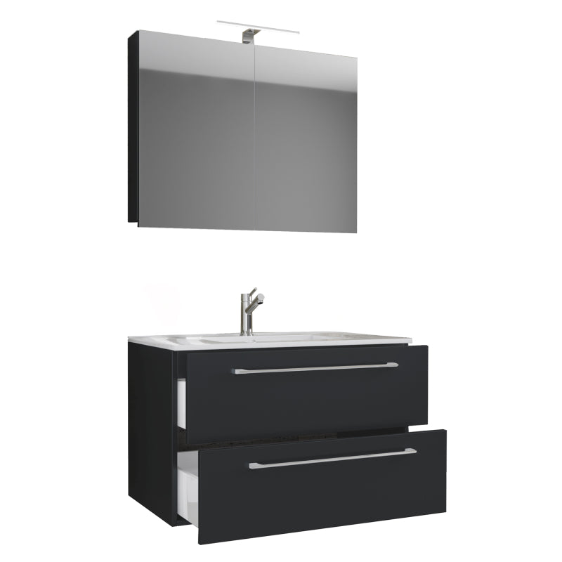 Completo di Ezooza Mobile Sospeso con 2 cassetti Large con lavabo in ceramica di alta qualità e mobile specchio, Nero ,