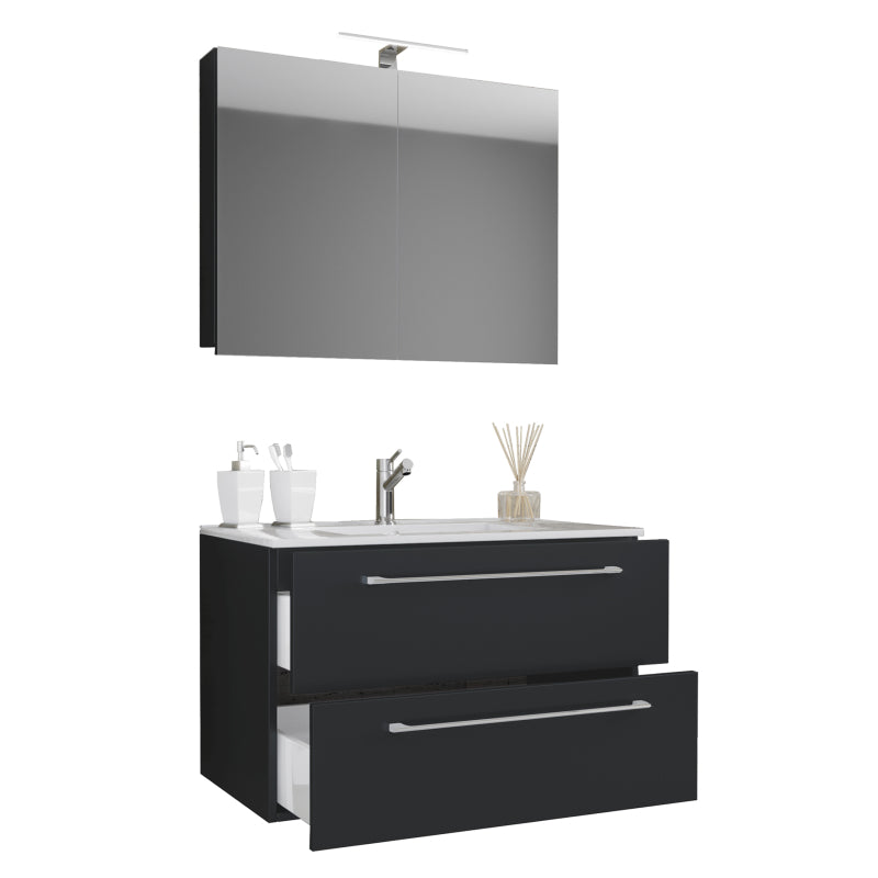 Completo di Ezooza Mobile Sospeso con 2 cassetti Large con lavabo in ceramica di alta qualità e mobile specchio, Nero ,