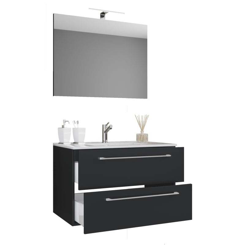 Completo di Ezooza Mobile Sospeso con 2 cassetti Large con lavabo in ceramica di alta qualità e specchio, Nero ,