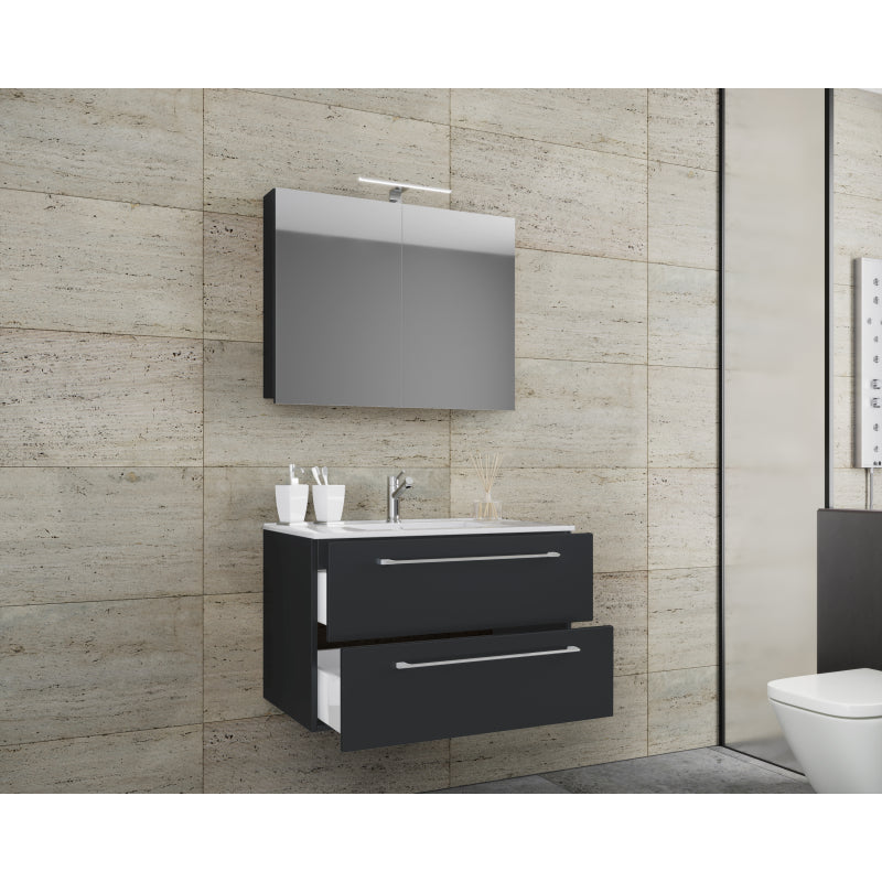 Completo di Ezooza Mobile Sospeso con 2 cassetti Large con lavabo in ceramica di alta qualità e mobile specchio, Nero ,