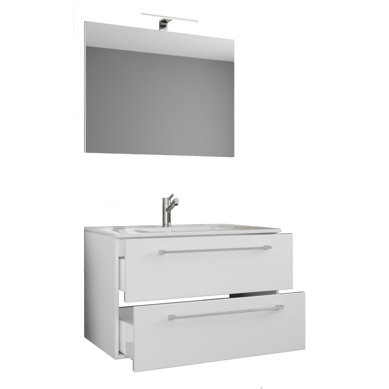 Completo di Ezooza Mobile Sospeso con 2 cassetti Large con lavabo in ceramica di alta qualità e specchio, Bianco ,