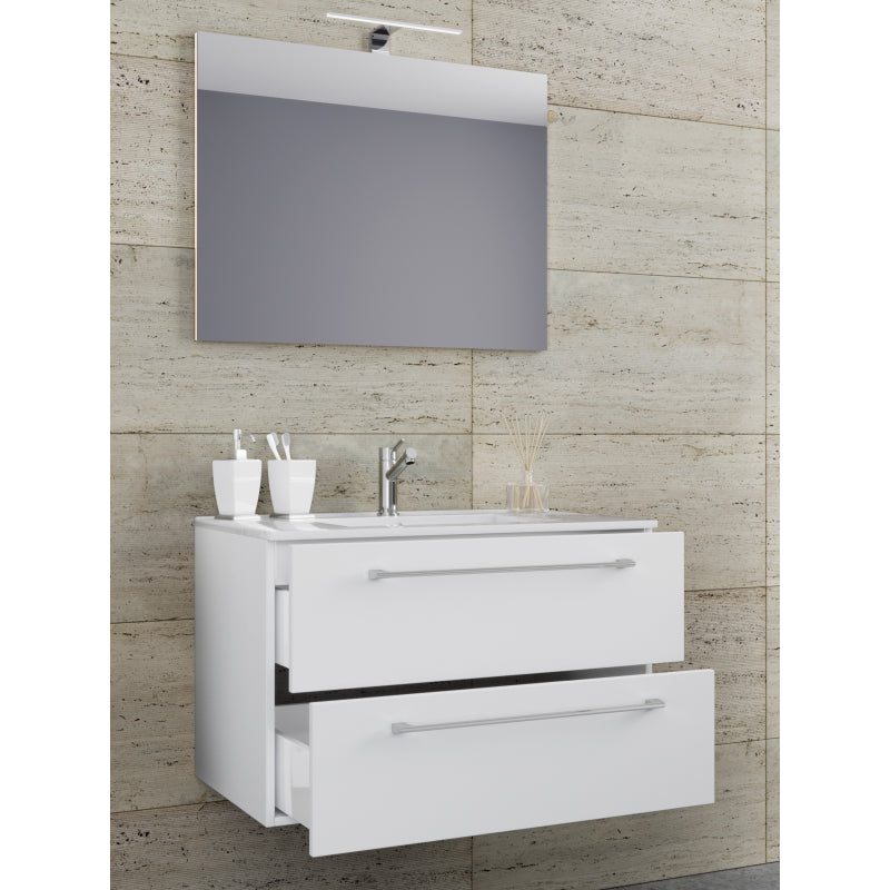 Completo di Ezooza Mobile Sospeso con 2 cassetti Large con lavabo in ceramica di alta qualità e specchio, Bianco ,