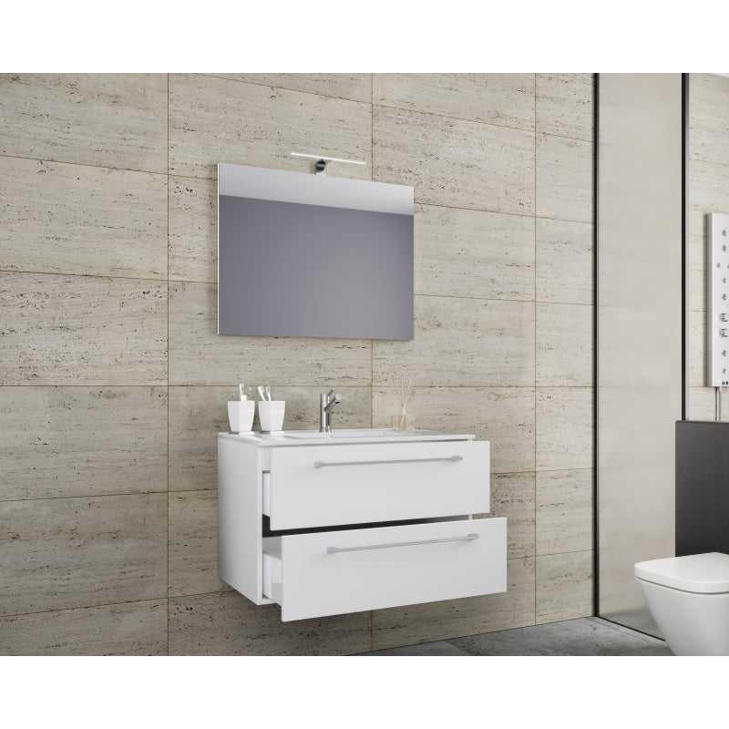 Completo di Ezooza Mobile Sospeso con 2 cassetti Large con lavabo in ceramica di alta qualità e specchio, Bianco ,