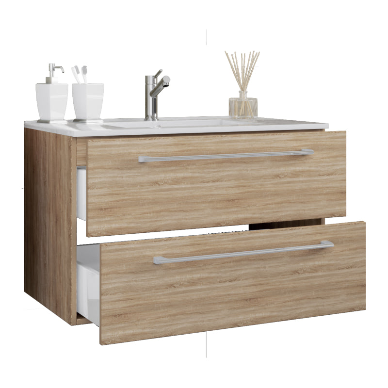 Completo di Ezooza Set Bagno 2 Pezzi Mobile Extra Large con 2 cassetti e Lavabo sospesi, Rovere Sonoma ,