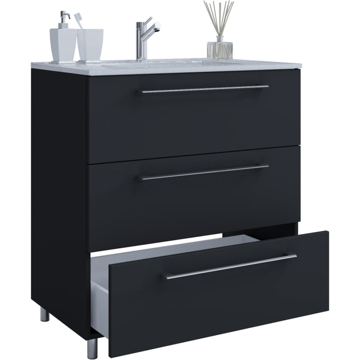 Completo di Ezooza Set Bagno 2 Pezzi Mobile Extra Large con 3 cassetti e Lavabo a terra, Nero ,