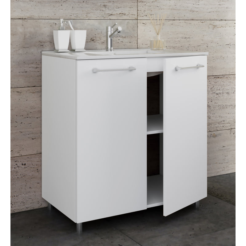 Completo di Ezooza Set Bagno 2 Pezzi Mobile Large con sportelli e Lavabo a terra, Bianco ,
