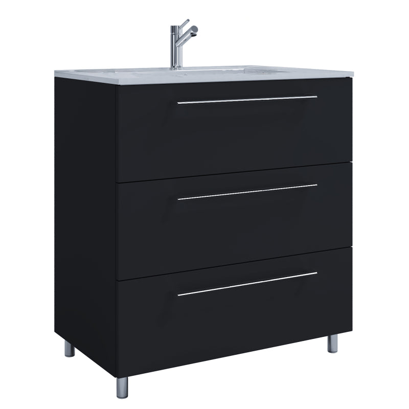 Completo di Ezooza Set Bagno 2 Pezzi Mobile Large con 3 cassetti e Lavabo a terra, Nero ,