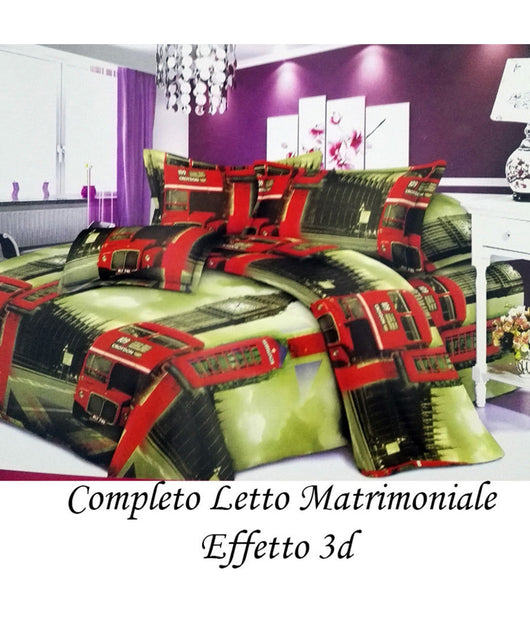 Completo Letto 3d Lenzuola Matrimoniale Sotto Sopra Copri Cuscini Bus Londinese         