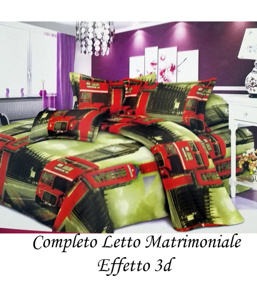 Completo Letto 3d Lenzuola Matrimoniale Sotto Sopra Copri Cuscini Bus Londinese         