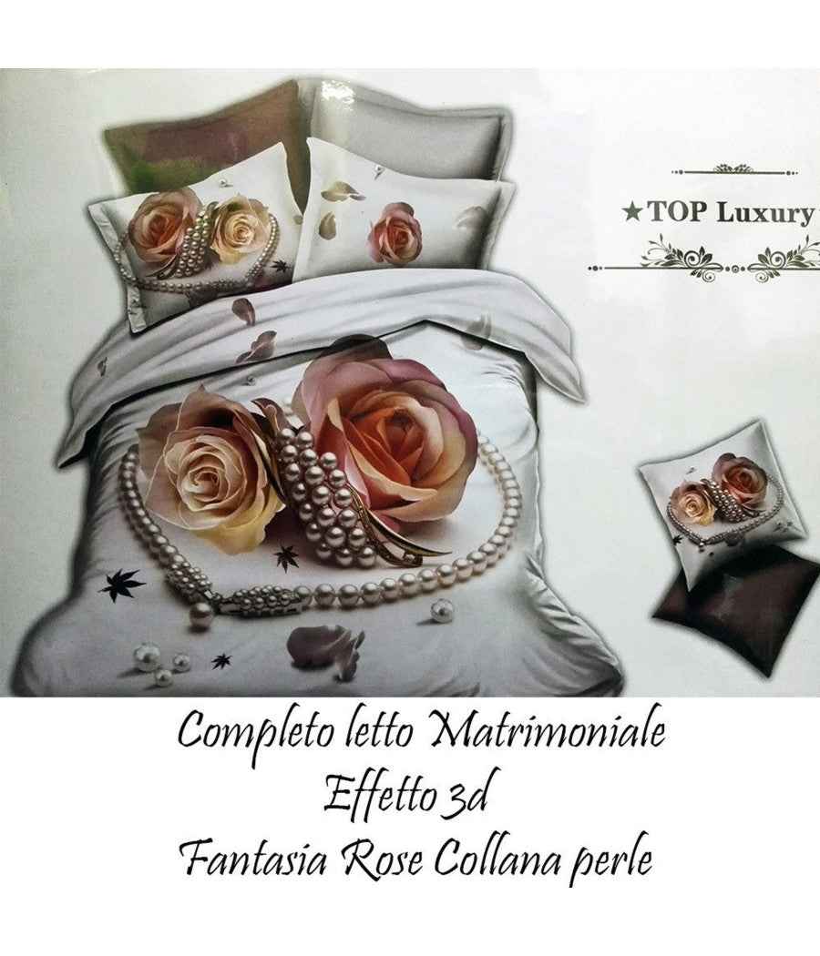 Completo Letto 3d Lenzuola Matrimoniale Sotto Sopra Copricuscini Rose Con Perle         
