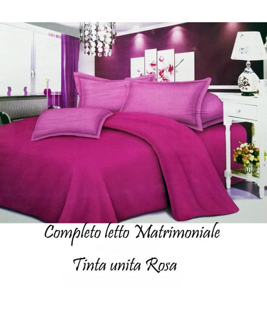 Completo Letto Lenzuola Matrimoniale Con Copri Cuscini Tinta Unita Colore Rosa         
