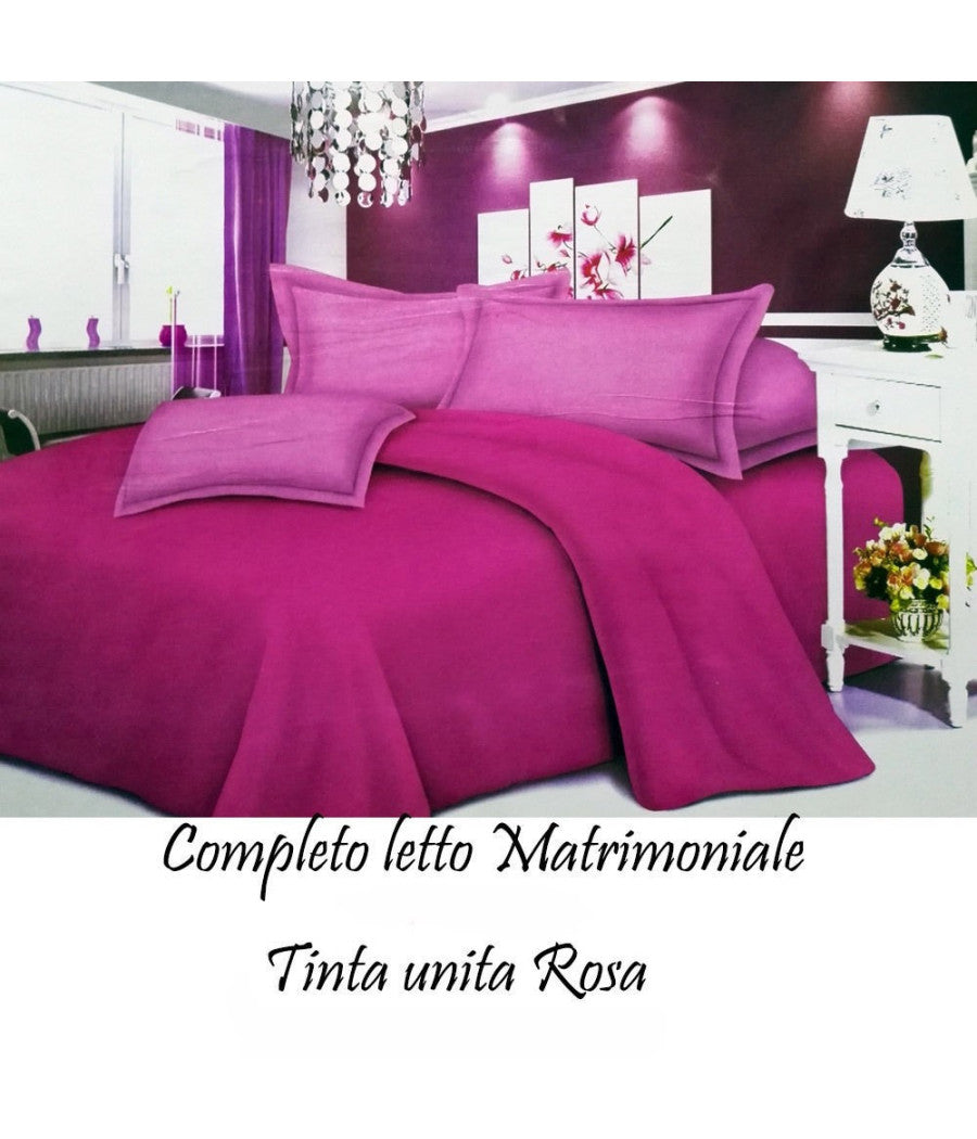 Completo Letto Lenzuola Matrimoniale Con Copri Cuscini Tinta Unita Colore Rosa         