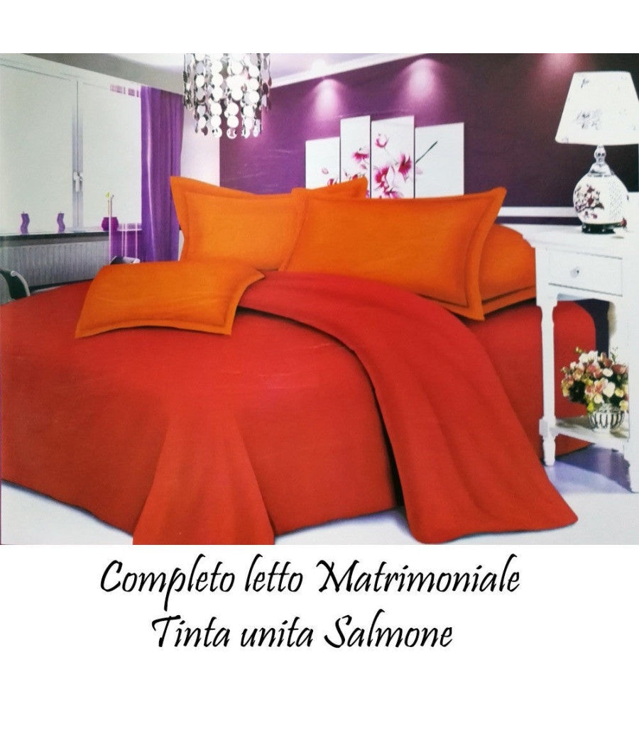 Completo Letto Lenzuola Matrimoniale Con Copricuscini Tinta Unita Colore Salmone         