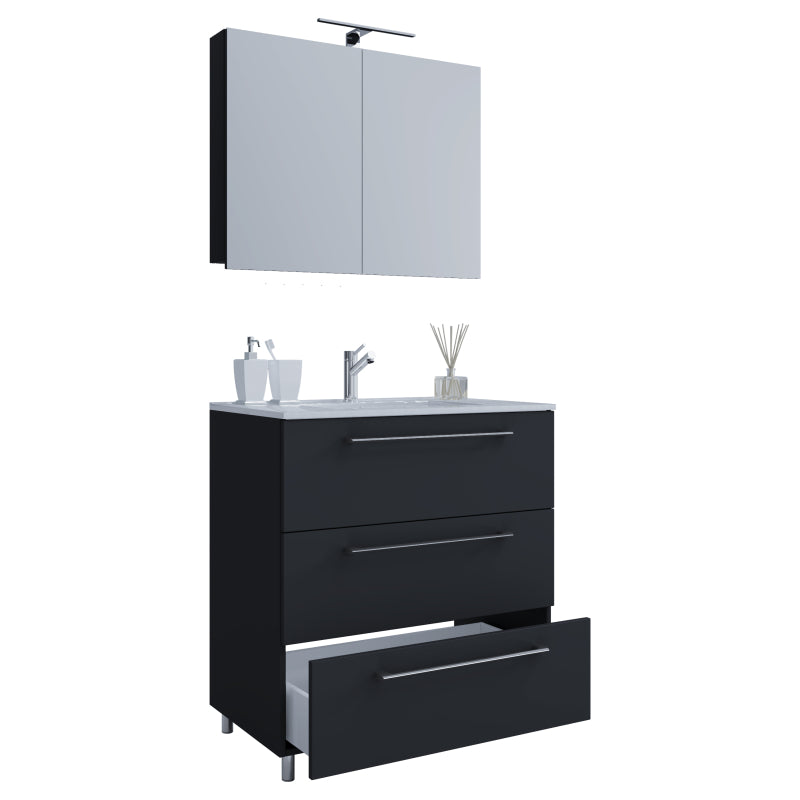 Completo di Ezooza Mobile a terra con 3 cassetti Extra Large con lavabo in ceramica di alta qualità e mobile specchio, Nero ,