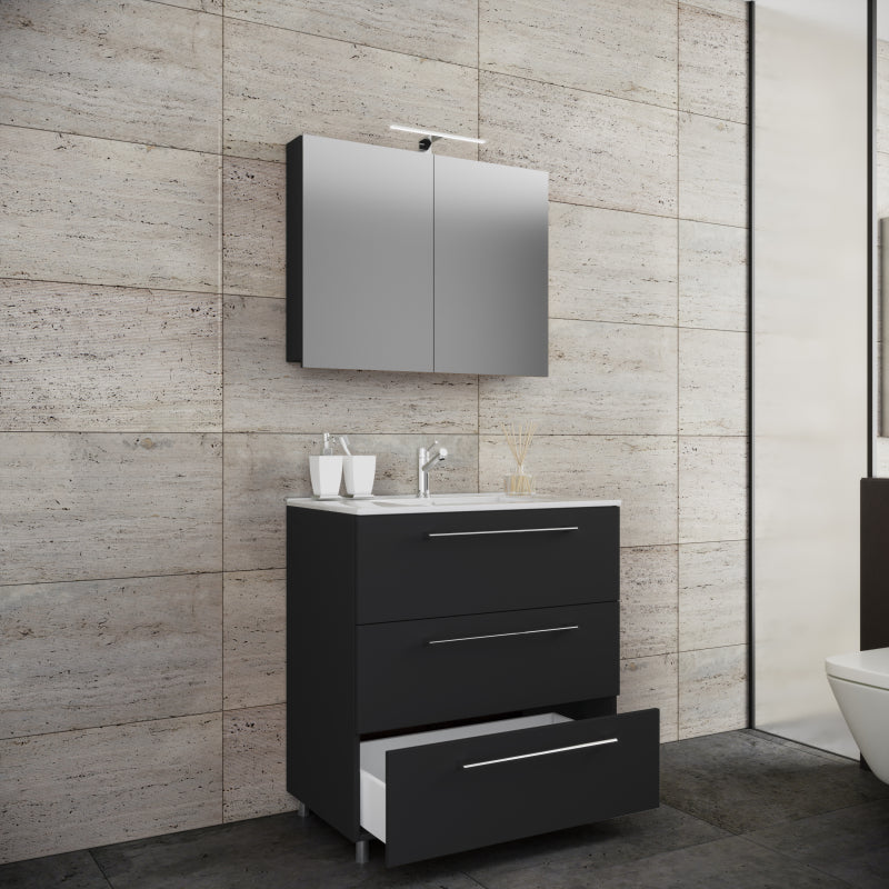 Completo di Ezooza Mobile a terra con 3 cassetti Extra Large con lavabo in ceramica di alta qualità e mobile specchio, Nero ,