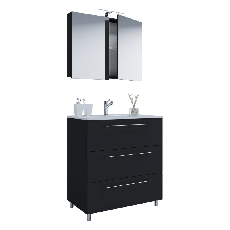 Completo di Ezooza Mobile a terra con 3 cassetti Extra Large con lavabo in ceramica di alta qualità e mobile specchio, Nero ,