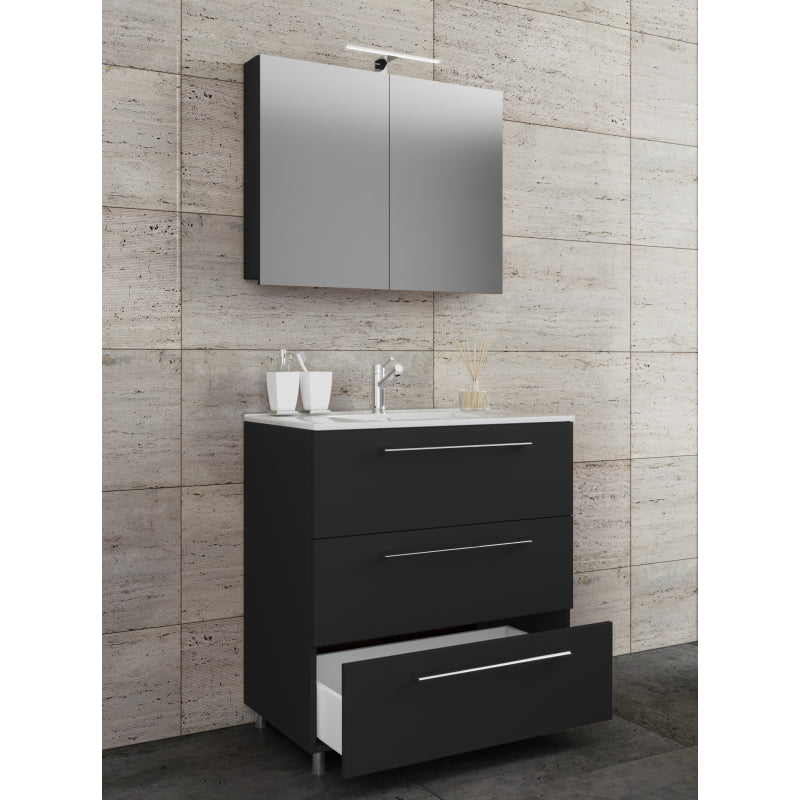 Completo di Ezooza Mobile a terra con 3 cassetti Extra Large con lavabo in ceramica di alta qualità e mobile specchio, Nero ,