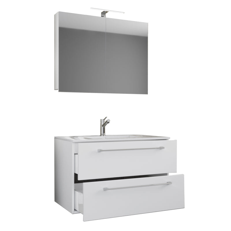 Completo di Ezooza Mobile Sospeso con 2 cassetti Extra Large con lavabo in ceramica di alta qualità e mobile specchio, Bianco ,