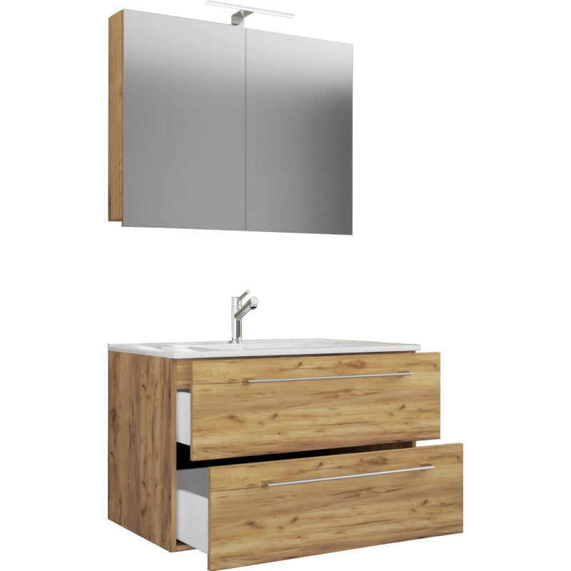 Completo Mobile Sospeso con 2 cassetti Extra Large con lavabo in ceramica di alta qualità e mobile specchio, Rovere miele ,