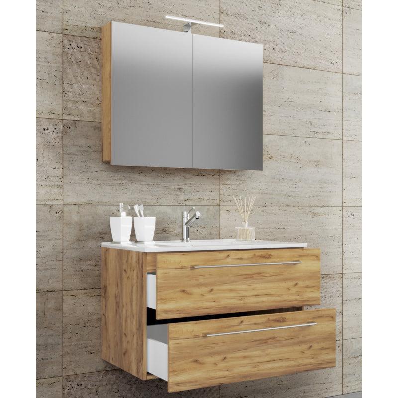 Completo Mobile Sospeso con 2 cassetti Extra Large con lavabo in ceramica di alta qualità e mobile specchio, Rovere miele ,