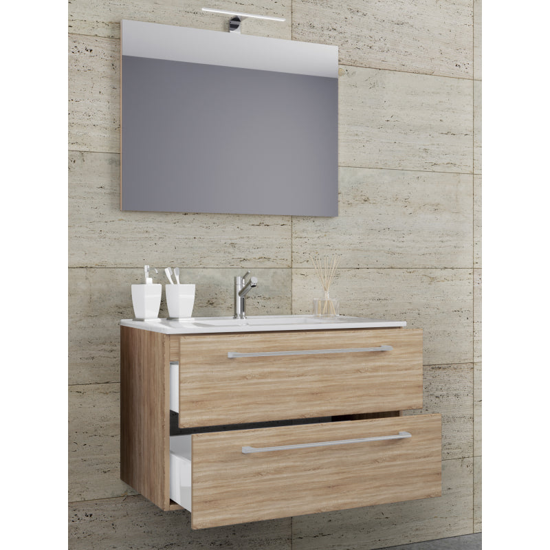 Completo di Ezooza Mobile Sospeso con 2 cassetti Extra Large con lavabo in ceramica di alta qualità e specchio, Rovere Sonoma ,
