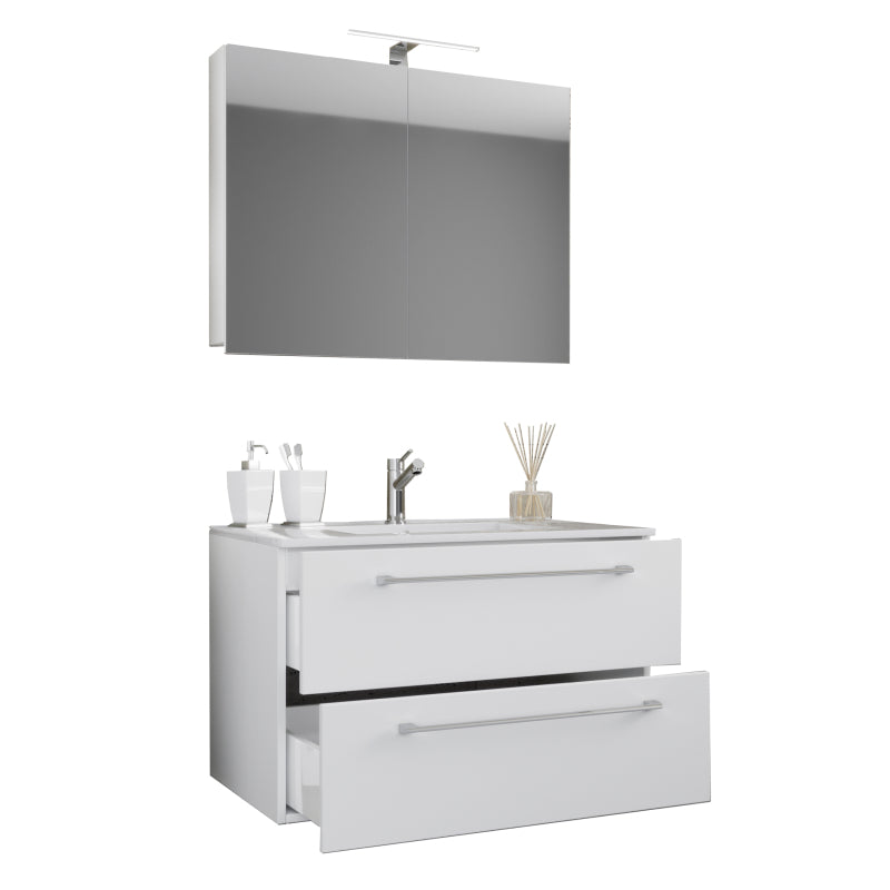 Completo di Ezooza Mobile Sospeso con 2 cassetti Extra Large con lavabo in ceramica di alta qualità e mobile specchio, Bianco ,