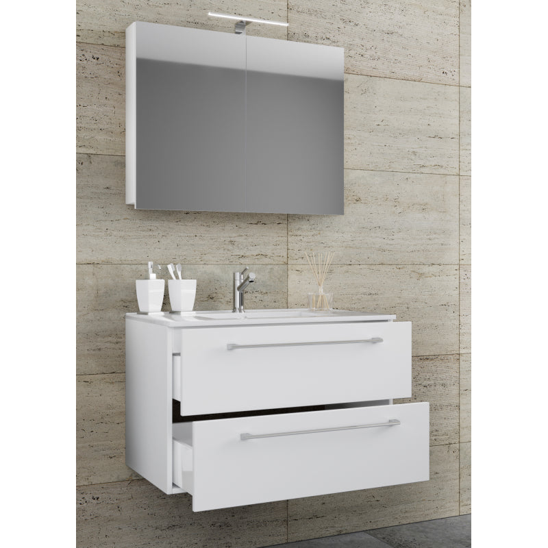 Completo di Ezooza Mobile Sospeso con 2 cassetti Extra Large con lavabo in ceramica di alta qualità e mobile specchio, Bianco ,