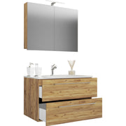 Completo Mobile Sospeso con 2 cassetti Extra Large con lavabo in ceramica di alta qualità e mobile specchio, Rovere miele ,