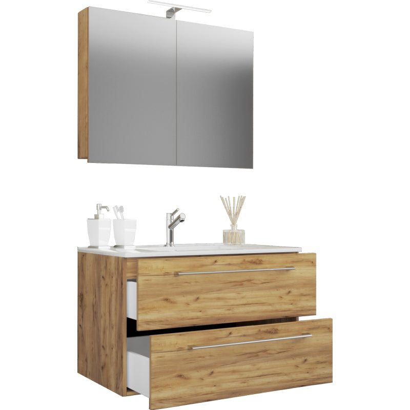 Completo Mobile Sospeso con 2 cassetti Extra Large con lavabo in ceramica di alta qualità e mobile specchio, Rovere miele ,