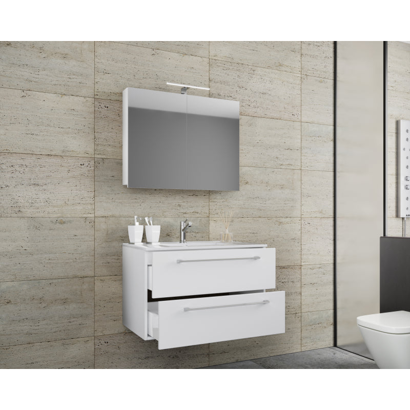 Completo di Ezooza Mobile Sospeso con 2 cassetti Extra Large con lavabo in ceramica di alta qualità e mobile specchio, Bianco ,