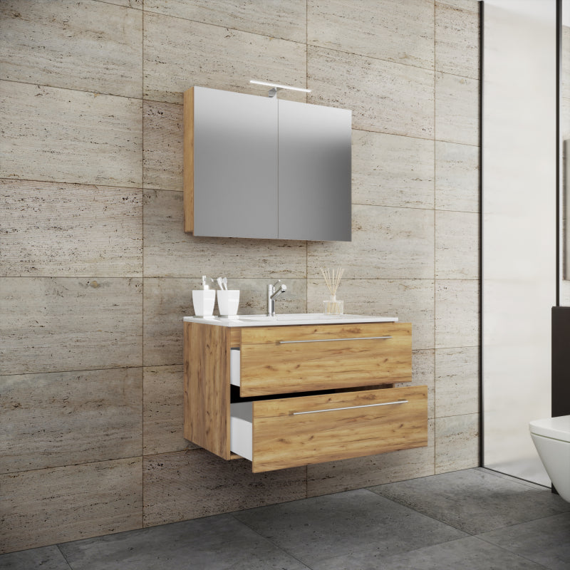 Completo Mobile Sospeso con 2 cassetti Extra Large con lavabo in ceramica di alta qualità e mobile specchio, Rovere miele ,