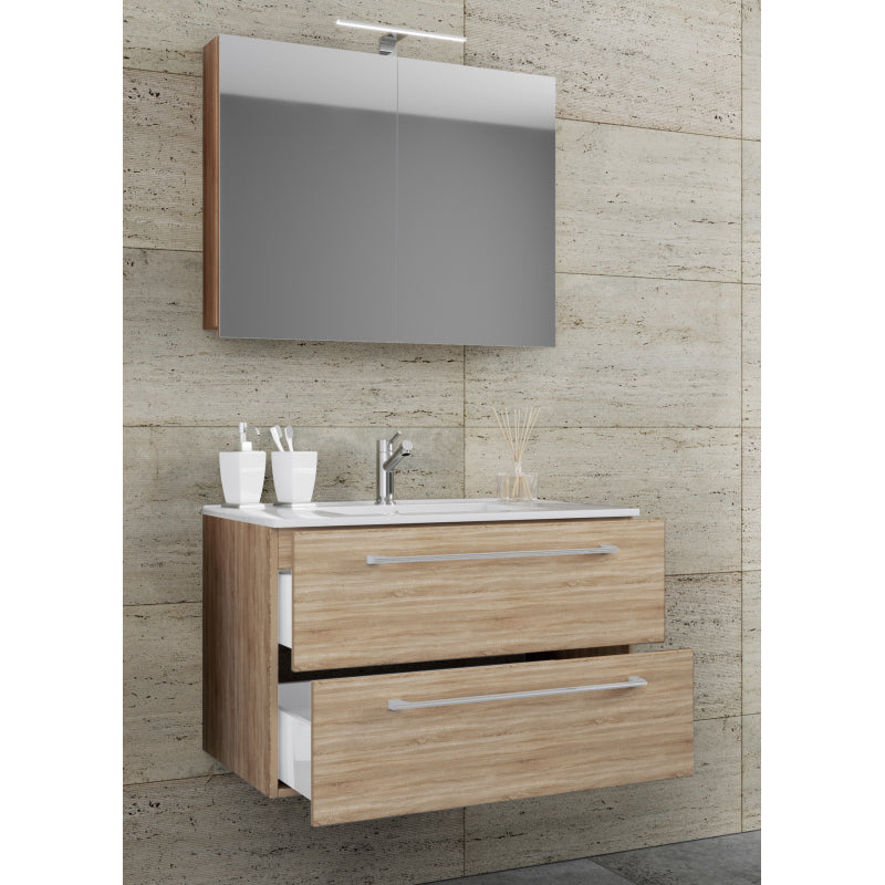 Completo Mobile Sospeso con 2 cassetti Extra Large con lavabo in ceramica di alta qualità e mobile specchio, Rovere Sonoma ,