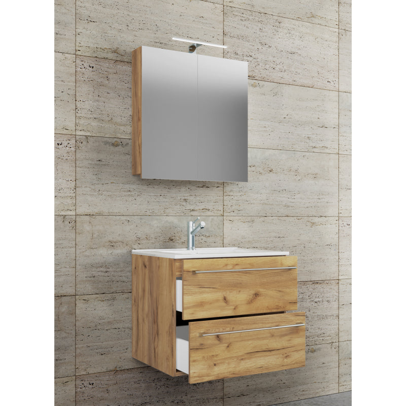 Completo di Ezooza Mobile Sospeso con 2 cassetti Large con lavabo in ceramica di alta qualità e mobile specchio, Rovere miele ,